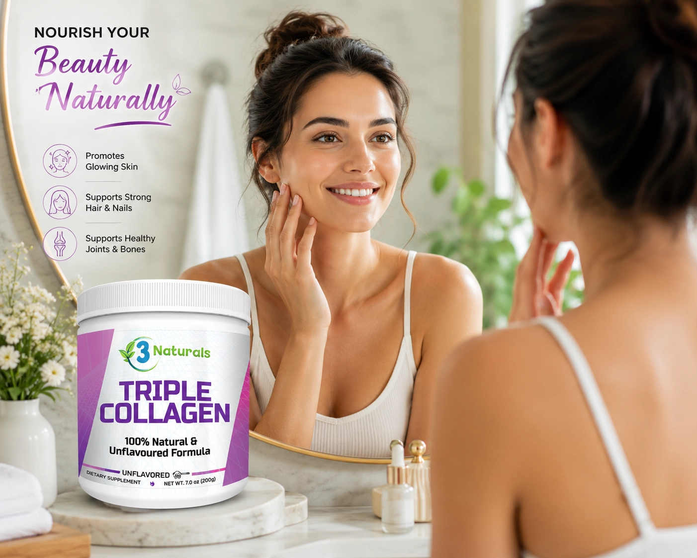 Woman with healthy glowing skin looking in the mirror