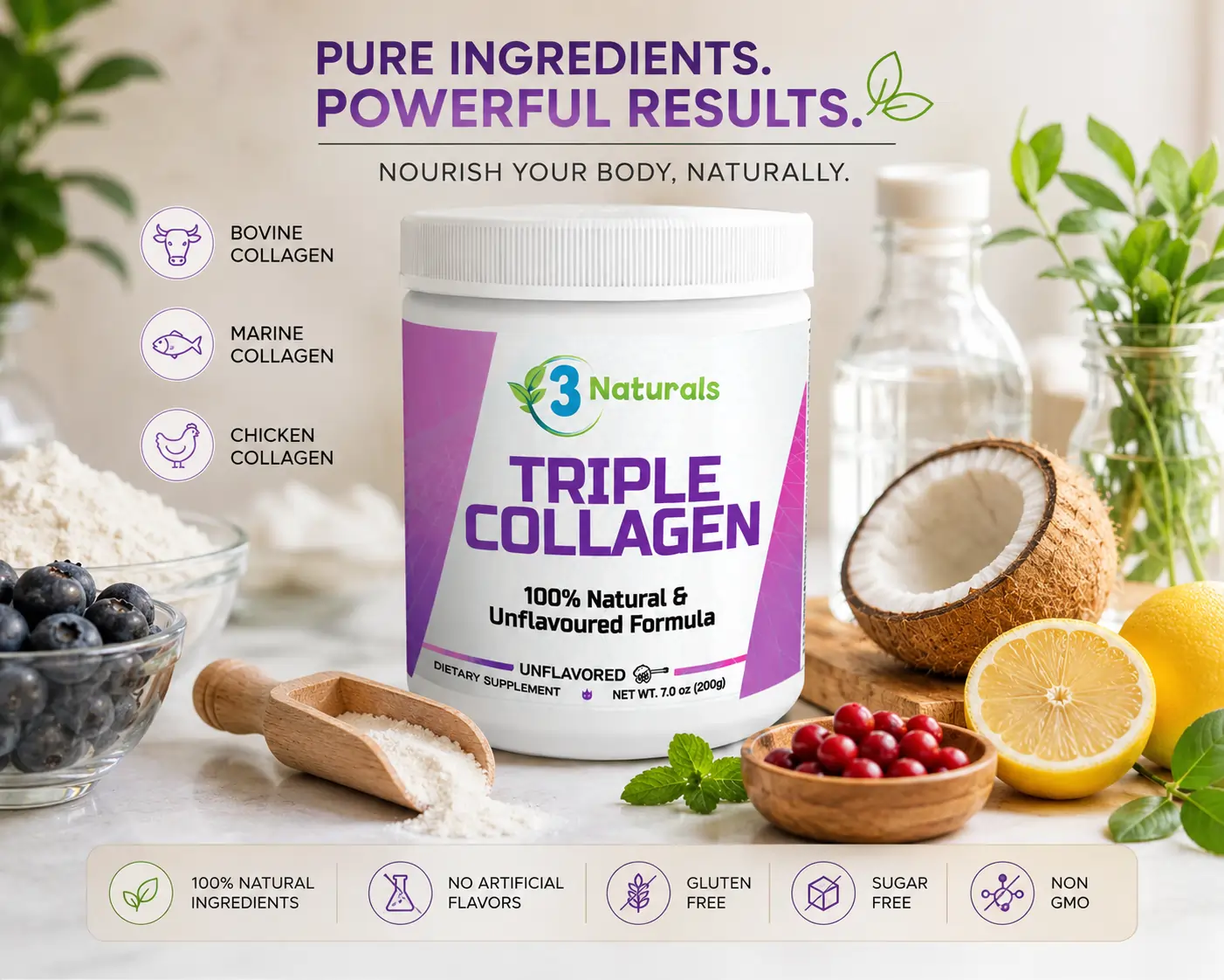 Triple Collagen powder container next to fresh natural ingredients